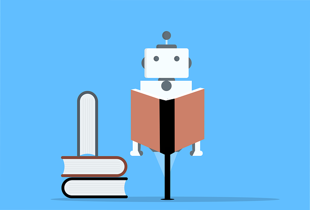 illustration of small gray robot reading a book with books next to it