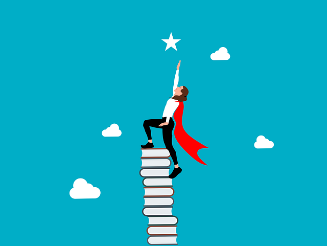 woman wearing a cape climbs tower of books and reaches for a star in the sky